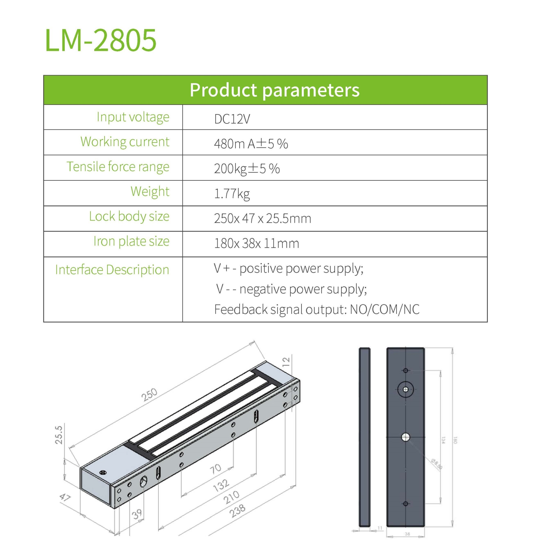 Kích thước khóa nam châm ZKteco LM2805